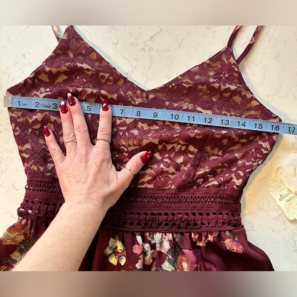 NWT Altar’d State Burgundy Floral Lace Bodice Dress Size Medium - Picture 12 of 16